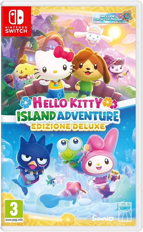 Copertina di Hello Kitty Island Adventure - Deluxe Edition per Nintendo Switch, con Hello Kitty e i suoi amici in un'avventura tropicale.